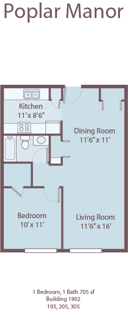 Floor plan for 1 bed, 1 bath, 708 sqft